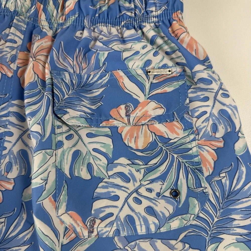 Vintage Summer Men Blue Tropical Sea Turtle Hibiscus Swim Trunks Large 6